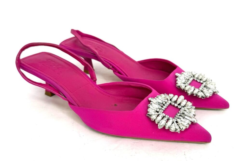 Zara Fuchsia Pink Rhinestone Buckle Slingback Kitten Heels Women's EU 39 US 8